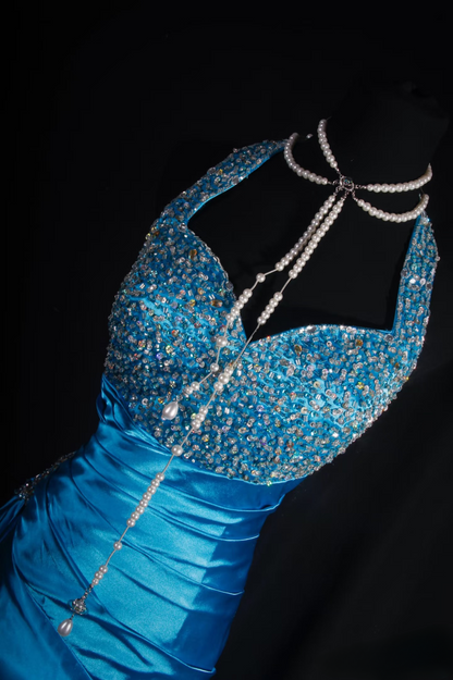 Robe de bal rétro fourreau dos nu bleue ornée de perles argentées, style années 70-80, plissée, robe de soirée longue vintage AU048