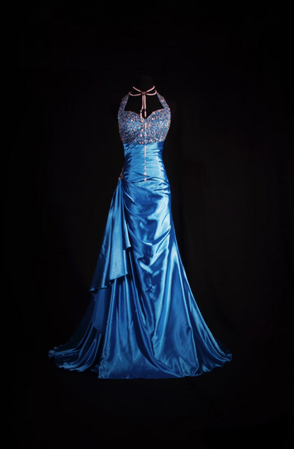 Robe de bal rétro fourreau dos nu bleue ornée de perles argentées, style années 70-80, plissée, robe de soirée longue vintage AU048