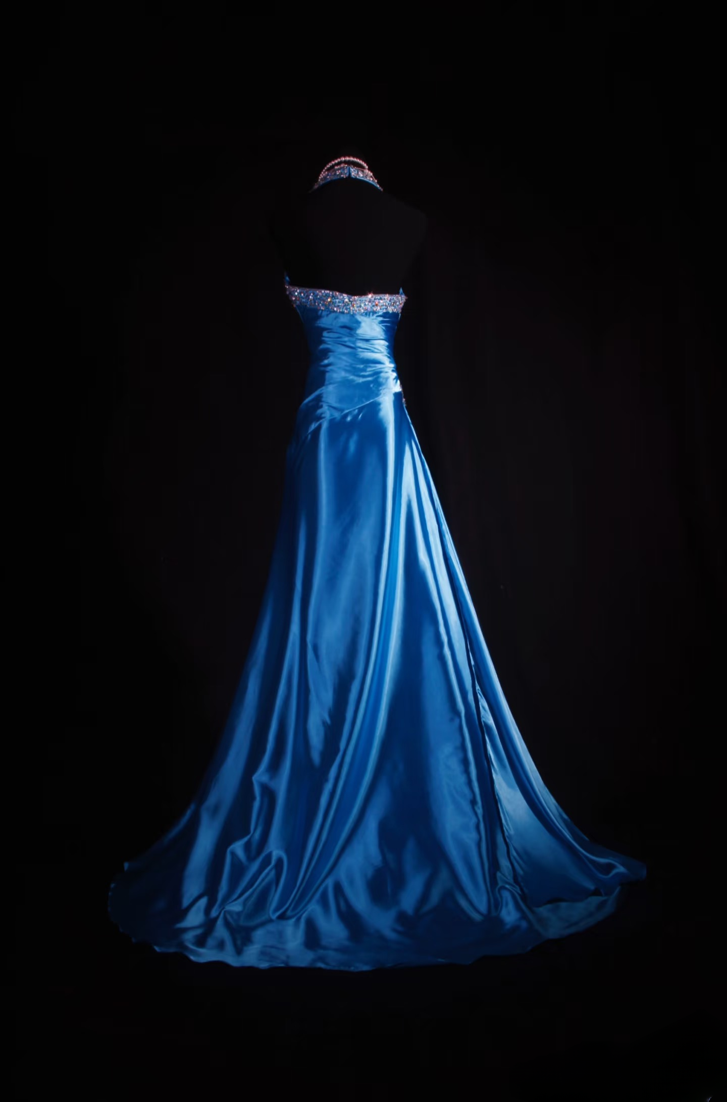 Robe de bal rétro fourreau dos nu bleue ornée de perles argentées, style années 70-80, plissée, robe de soirée longue vintage AU048