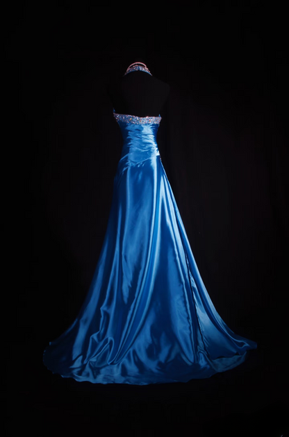 Robe de bal rétro fourreau dos nu bleue ornée de perles argentées, style années 70-80, plissée, robe de soirée longue vintage AU048
