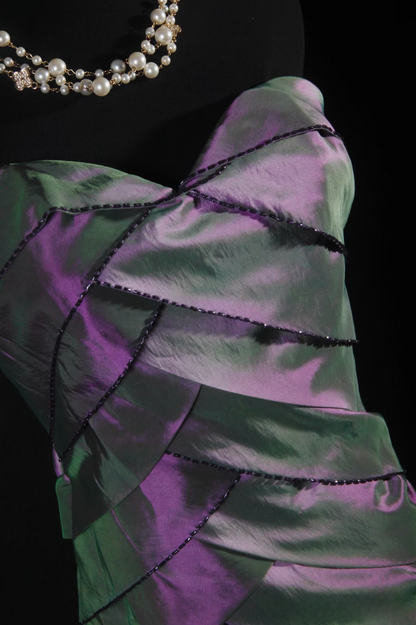 Robes de bal rétro sirène bustier cœur années 50-60 plissées en taffetas raisin, robes de soirée longues vintage AU049