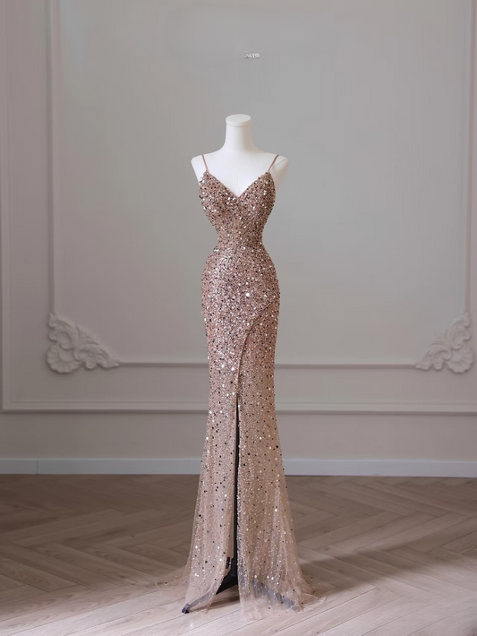 Elegant Mermaid Spaghetti Straps Sequin Long Stunning Prom Dresses Inspiration Prom Gowns Princess Graduation Dress AU050