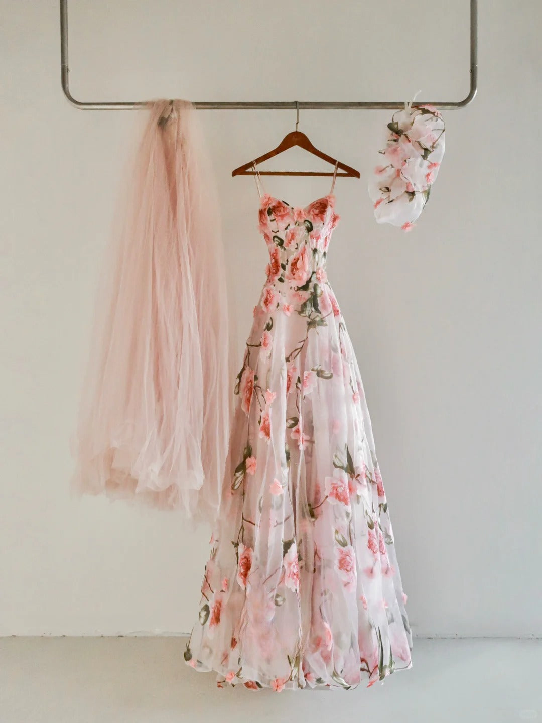 Beautiful A line Spaghetti Straps Lace Blush Pink Long Prom Dresses Floral Prom Gowns AB223