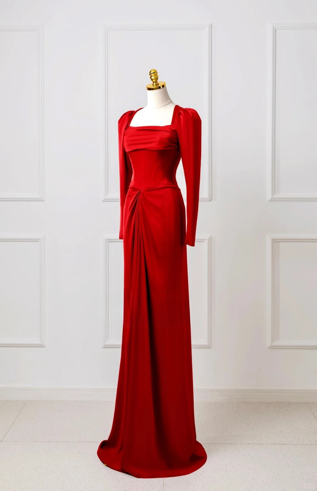 Classy Mermaid Square Neck Red Prom Dresses Long Sleeve Party Dress Evening Outfits Graduation Dress AU050