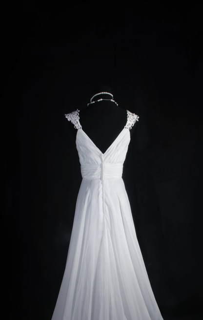 Robe de mariée rétro années 60 en mousseline blanche, coupe trapèze, bustier cœur, longue dentelle, AU050