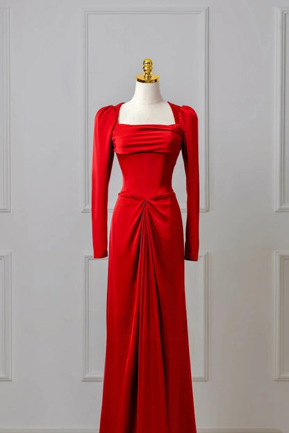 Classy Mermaid Square Neck Red Prom Dresses Long Sleeve Party Dress Evening Outfits Graduation Dress AU050