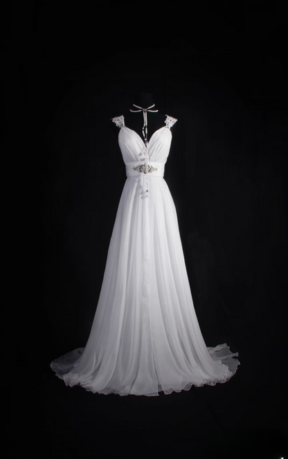 Robe de mariée rétro années 60 en mousseline blanche, coupe trapèze, bustier cœur, longue dentelle, AU050