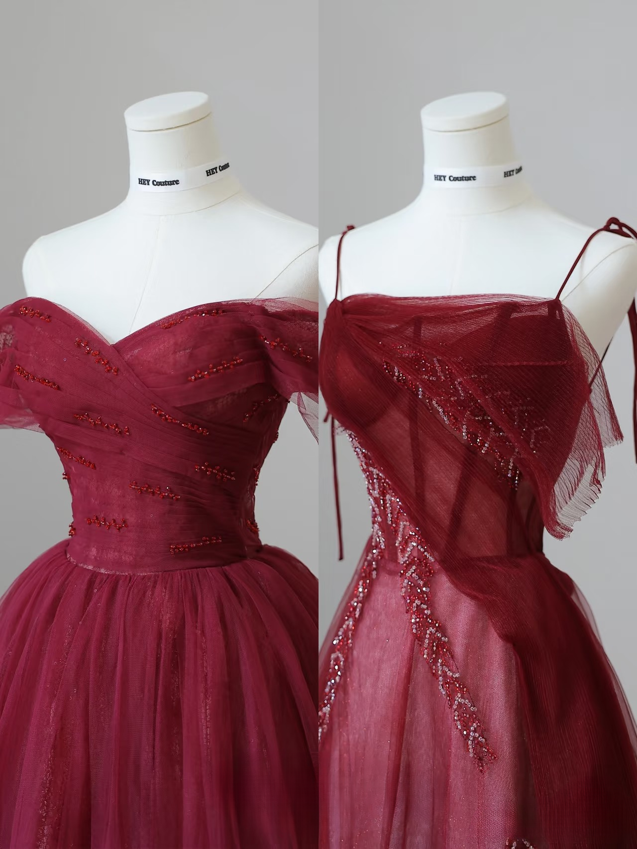 Robe de bal élégante à bretelles spaghetti en tulle bordeaux, longueur au sol, idées inspirantes pour une robe de bal incroyable, robe de remise de diplôme AU051