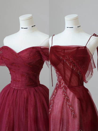 Robe de bal élégante à bretelles spaghetti en tulle bordeaux, longueur au sol, idées inspirantes pour une robe de bal incroyable, robe de remise de diplôme AU051