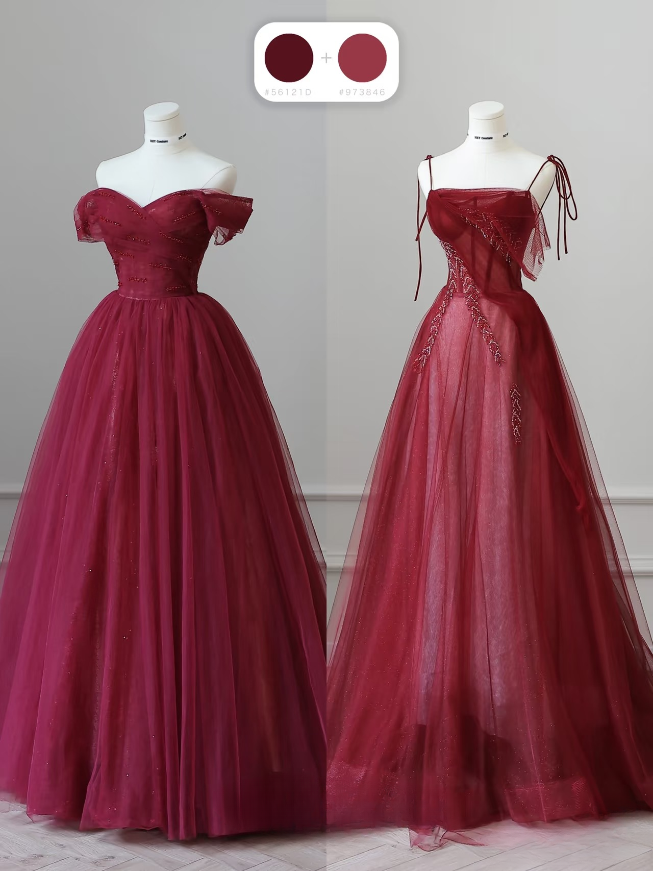 Robe de bal élégante à bretelles spaghetti en tulle bordeaux, longueur au sol, idées inspirantes pour une robe de bal incroyable, robe de remise de diplôme AU051