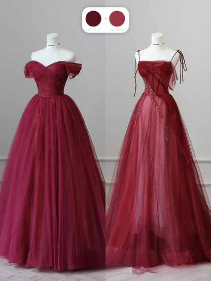 Robe de bal élégante à bretelles spaghetti en tulle bordeaux, longueur au sol, idées inspirantes pour une robe de bal incroyable, robe de remise de diplôme AU051