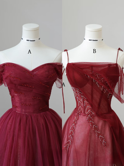 Robe de bal élégante à bretelles spaghetti en tulle bordeaux, longueur au sol, idées inspirantes pour une robe de bal incroyable, robe de remise de diplôme AU051