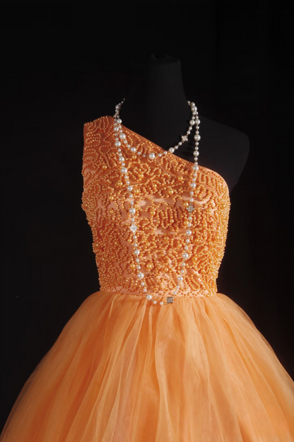 Robe de bal mignonne à une épaule en tulle orange, courte, robe d'anniversaire pour les 16 ans, robe de soirée, robe de cocktail AU051