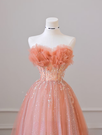 A Line Sweetheart Tulle Pink Glam Prom Dresses Inspiration Sequins Prom Gowns Princess Formal Evening Dress AU054