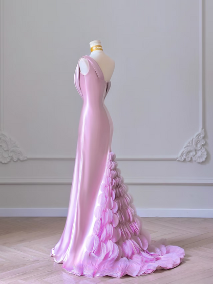Unique A Line One Shoulder Pink Satin Long Prom Dresses Inspiration Prom Gowns Princess Graduation Dress AU055