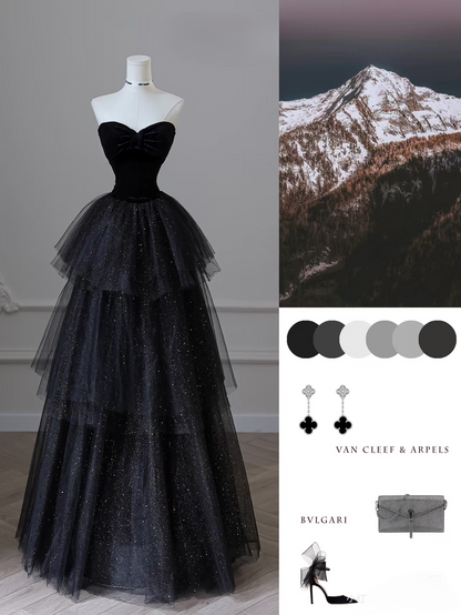 Ball Gown Sweetheart Tulle Black Glam Prom Dresses Inspiration Tulle Prom Gowns Princess Formal Evening Dress AU056