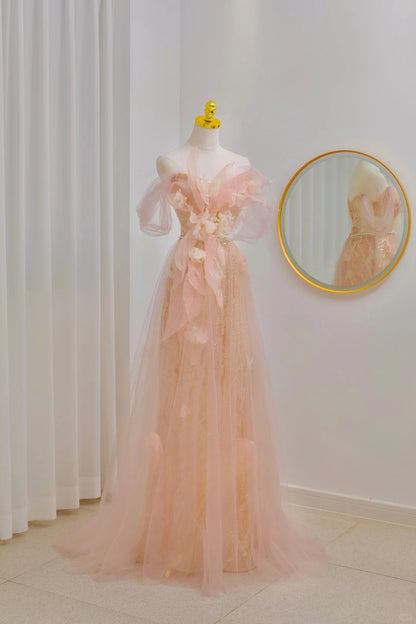 Classy A line Off The Shoulder Blush Pink Floor Length Prom Dresses Formal Dress Birthday Outfits Prom Gown AU057