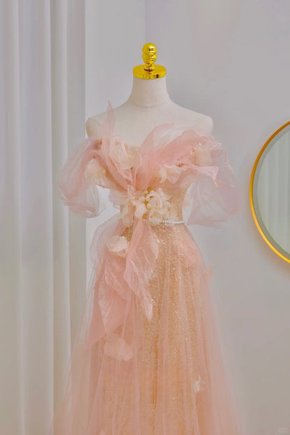 Classy A line Off The Shoulder Blush Pink Floor Length Prom Dresses Formal Dress Birthday Outfits Prom Gown AU057