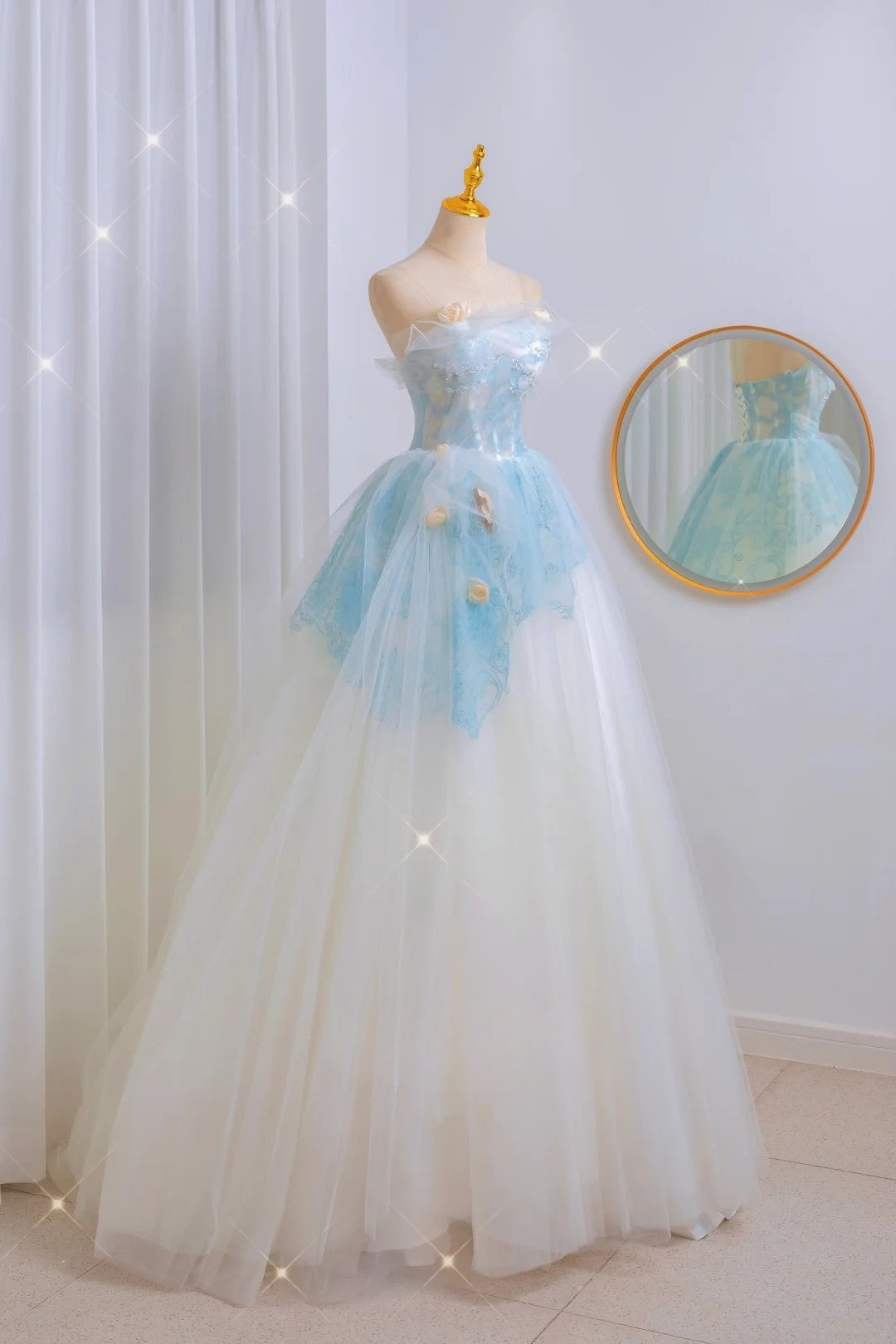 Unique Ball Gown Strapless Blue Lace Prom Dresses Long Party Dress 20th Birthday Outfits Formal Gown AU058