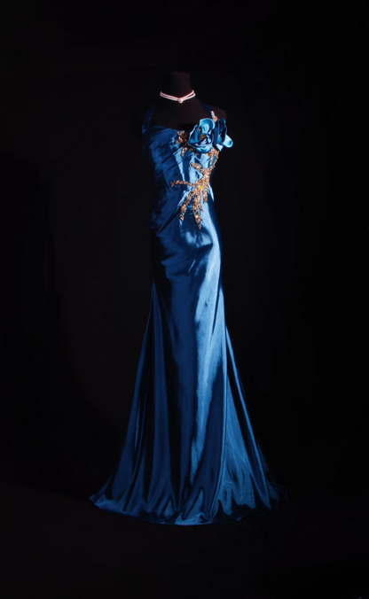 Vintage Prom Dresses 90s Formal Mermaid Halter Navy Blue Satin Prom Dress Inspiration Long Prom Dresses AU059