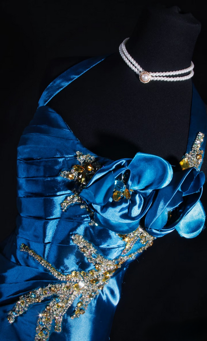Vintage Prom Dresses 90s Formal Mermaid Halter Navy Blue Satin Prom Dress Inspiration Long Prom Dresses AU059