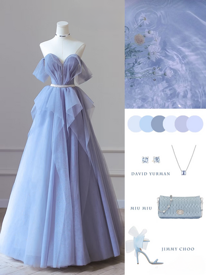 Modest Ball Gown Off The Shoulder Tulle Blue Floor Length Prom Dresses Inspiration Prom Dress Princess Graduation Dress AU060