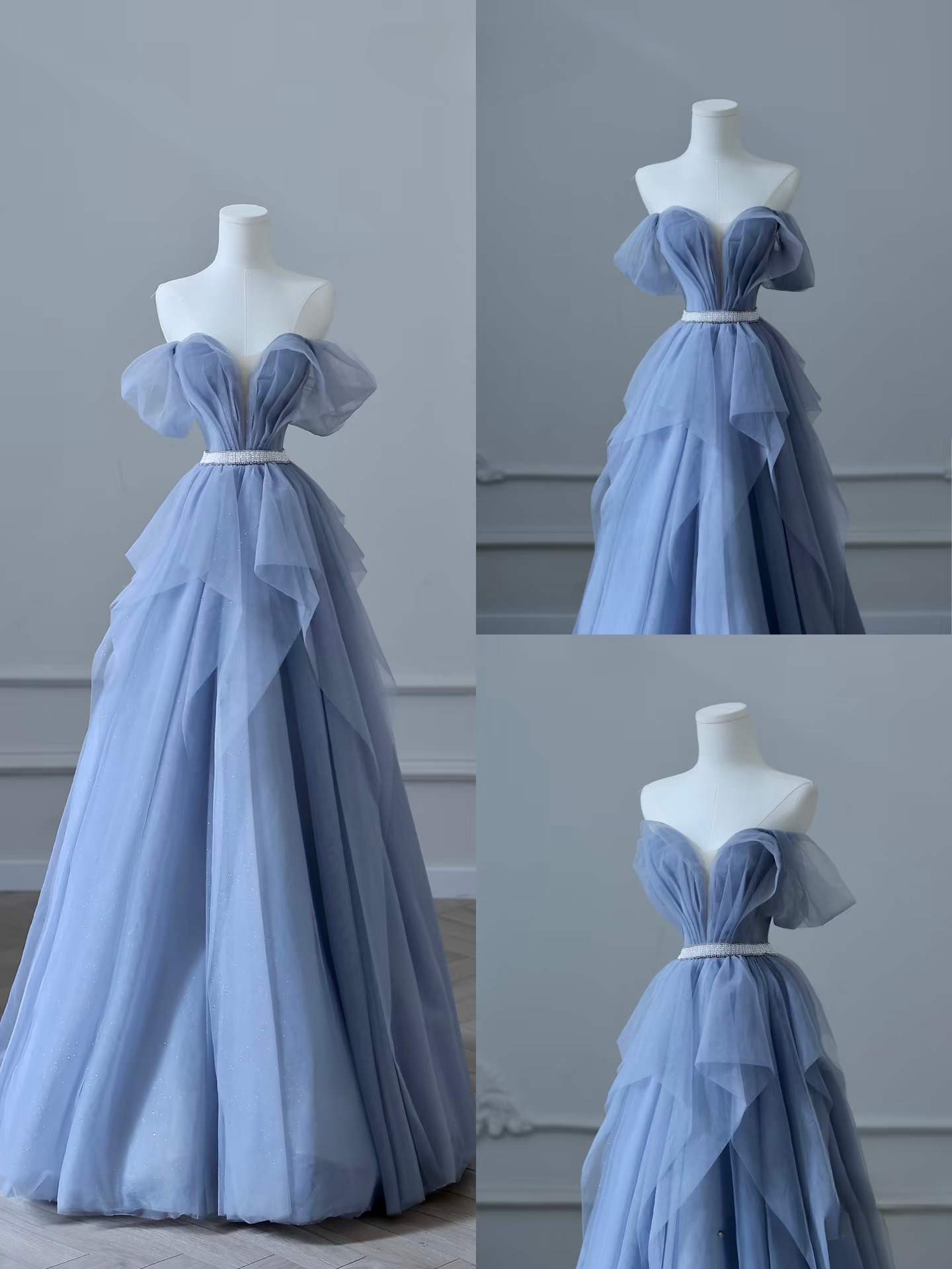 Modest Ball Gown Off The Shoulder Tulle Blue Floor Length Prom Dresses Inspiration Prom Dress Princess Graduation Dress AU060