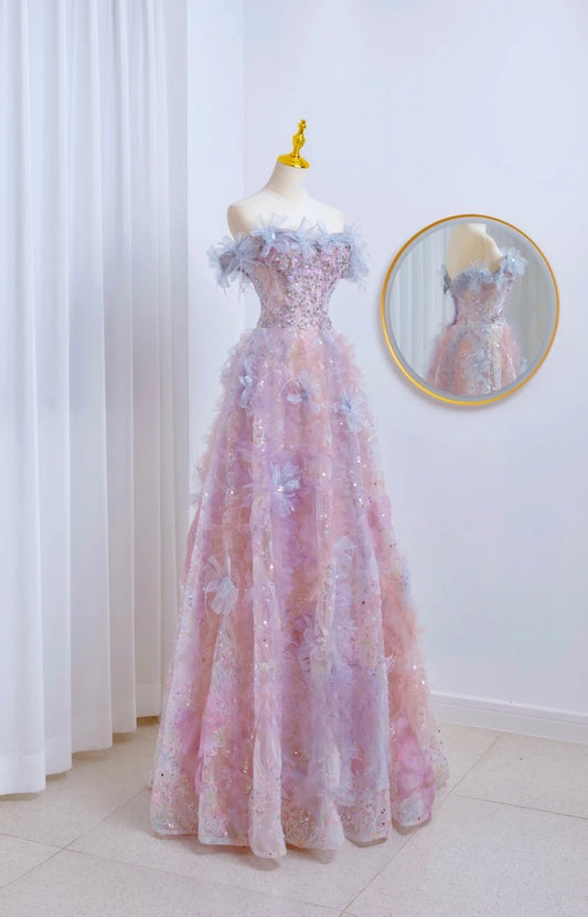 Edle A-Linie, schulterfrei, rosa, geblümt, bodenlange Ballkleider, formelle Kleidung, Geburtstags-Outfits, Ballkleid AU060