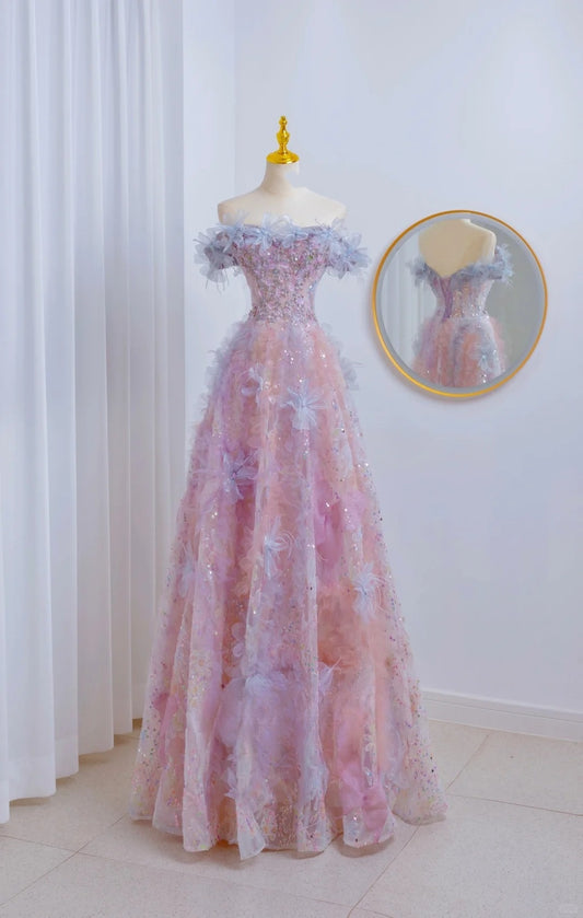 Edle A-Linie, schulterfrei, rosa, geblümt, bodenlange Ballkleider, formelle Kleidung, Geburtstags-Outfits, Ballkleid AU060