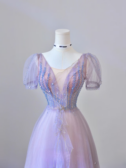 Classy A Line V Neck Tulle Lilac Long Prom Dresses Inspiration Trending Prom Gowns Formal Prom Dress AU063