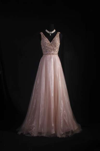 Vintage Prom Dresses 1950s Formal Retro Classy A Line V Neck Blush Pink Beaded Prom Dress Inspiration Long Prom Party Gown AU063