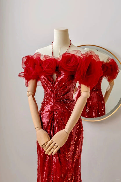 Sexy Mermaid Halter Red Sequin Prom Dresses Long Party Dress 21st Birthday Outfits Formal Dress AU063