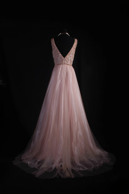 Vintage Prom Dresses 1950s Formal Retro Classy A Line V Neck Blush Pink Beaded Prom Dress Inspiration Long Prom Party Gown AU063