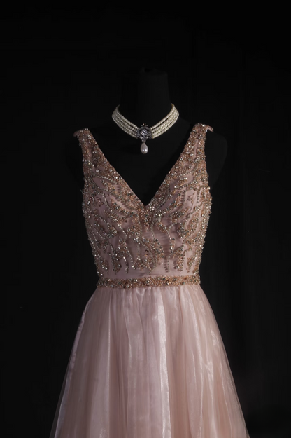 Vintage Prom Dresses 1950s Formal Retro Classy A Line V Neck Blush Pink Beaded Prom Dress Inspiration Long Prom Party Gown AU063