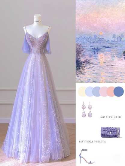Classy A Line Spaghetti Straps Tulle Lilac Long Prom Dresses Inspiration Trending Prom Gowns Formal Prom Dress AU064