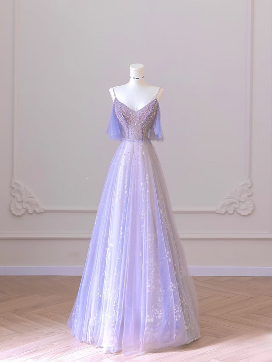 Classy A Line Spaghetti Straps Tulle Lilac Long Prom Dresses Inspiration Trending Prom Gowns Formal Prom Dress AU064