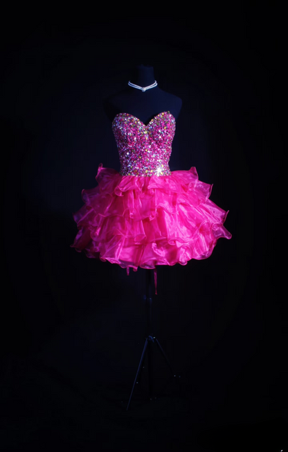 Robe de bal chic, décolleté cœur, tulle rose fuchsia, perles, courte, robe d'anniversaire pour les 18 ans, robe de soirée, robe de cocktail AU064