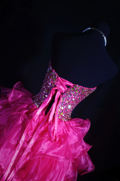 Robe de bal chic, décolleté cœur, tulle rose fuchsia, perles, courte, robe d'anniversaire pour les 18 ans, robe de soirée, robe de cocktail AU064