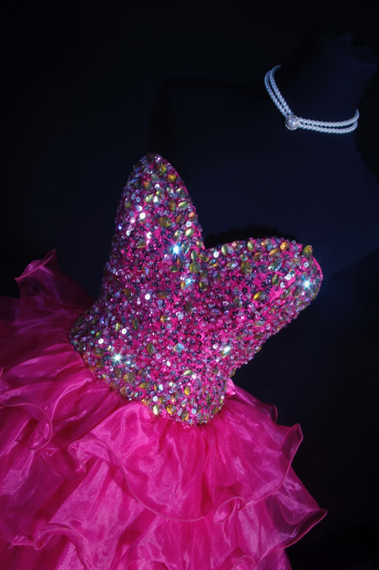 Robe de bal chic, décolleté cœur, tulle rose fuchsia, perles, courte, robe d'anniversaire pour les 18 ans, robe de soirée, robe de cocktail AU064