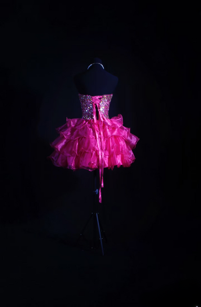 Robe de bal chic, décolleté cœur, tulle rose fuchsia, perles, courte, robe d'anniversaire pour les 18 ans, robe de soirée, robe de cocktail AU064
