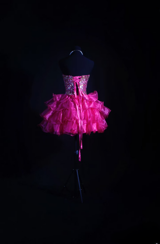 Chic Ball Gown Sweetheart Hot Pink Tulle Beads Short 18th Birthday Dress Homecoming Dresses Cocktail Gown AU064