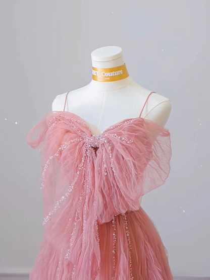 Classy A Line Spaghetti Straps Tulle Pink Long Prom Dresses Inspiration Trending Prom Gowns Formal Prom Dress AU065