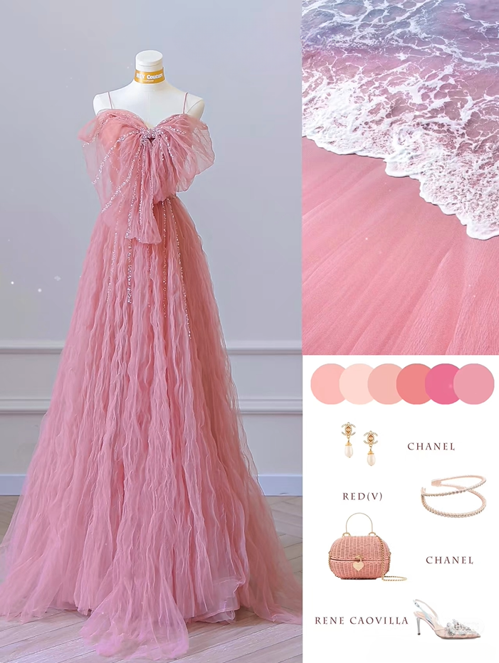 Classy A Line Spaghetti Straps Tulle Pink Long Prom Dresses Inspiration Trending Prom Gowns Formal Prom Dress AU065