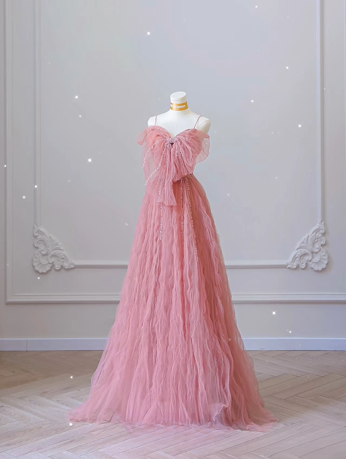 Classy A Line Spaghetti Straps Tulle Pink Long Prom Dresses Inspiration Trending Prom Gowns Formal Prom Dress AU065
