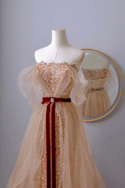 Classy A line Off The Shoulder Gold Sequin Floor Length Prom Dresses Formal Dress Birthday Outfits Prom Gown AU065