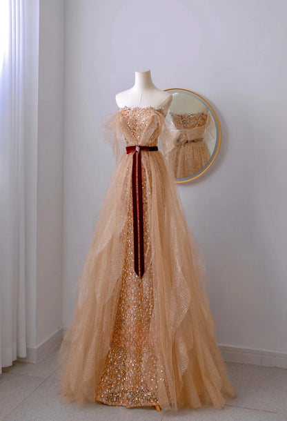 Classy A line Off The Shoulder Gold Sequin Floor Length Prom Dresses Formal Dress Birthday Outfits Prom Gown AU065