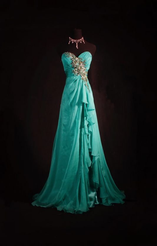 Vintage Prom Dresses 1950s Formal Retro Classy A Line Sweetheart Blue Chiffon Beaded Prom Dress Inspiration Long Prom Party Gown AU065
