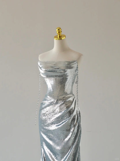 Charming Mermaid Strapless Silver Sequins Sleeveless Prom Dresses Long Prom Gowns AU066