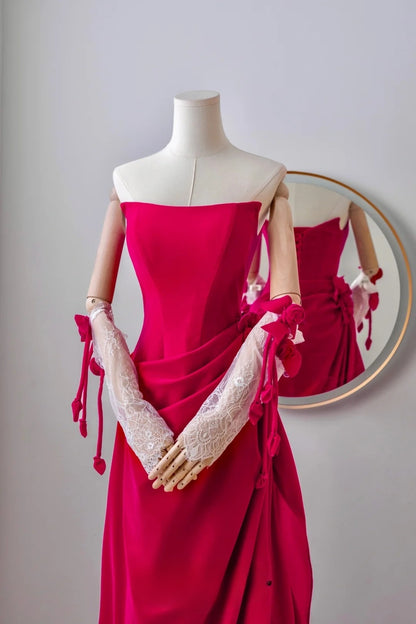 Classy Mermaid Strapless Hot Pink Satin Floor Length Prom Dresses Formal Dress Birthday Outfits Prom Gown AU066
