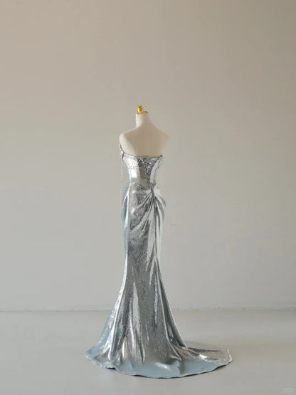 Charming Mermaid Strapless Silver Sequins Sleeveless Prom Dresses Long Prom Gowns AU066